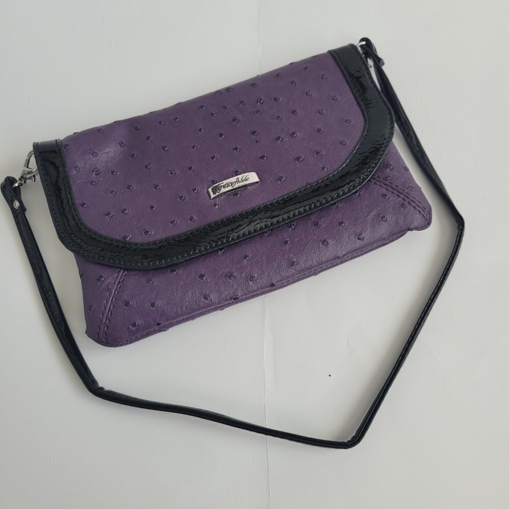 NWOT Grace Adele Purse Women's Tess Ostrich Faux Leather Eggplant Bag Clutch